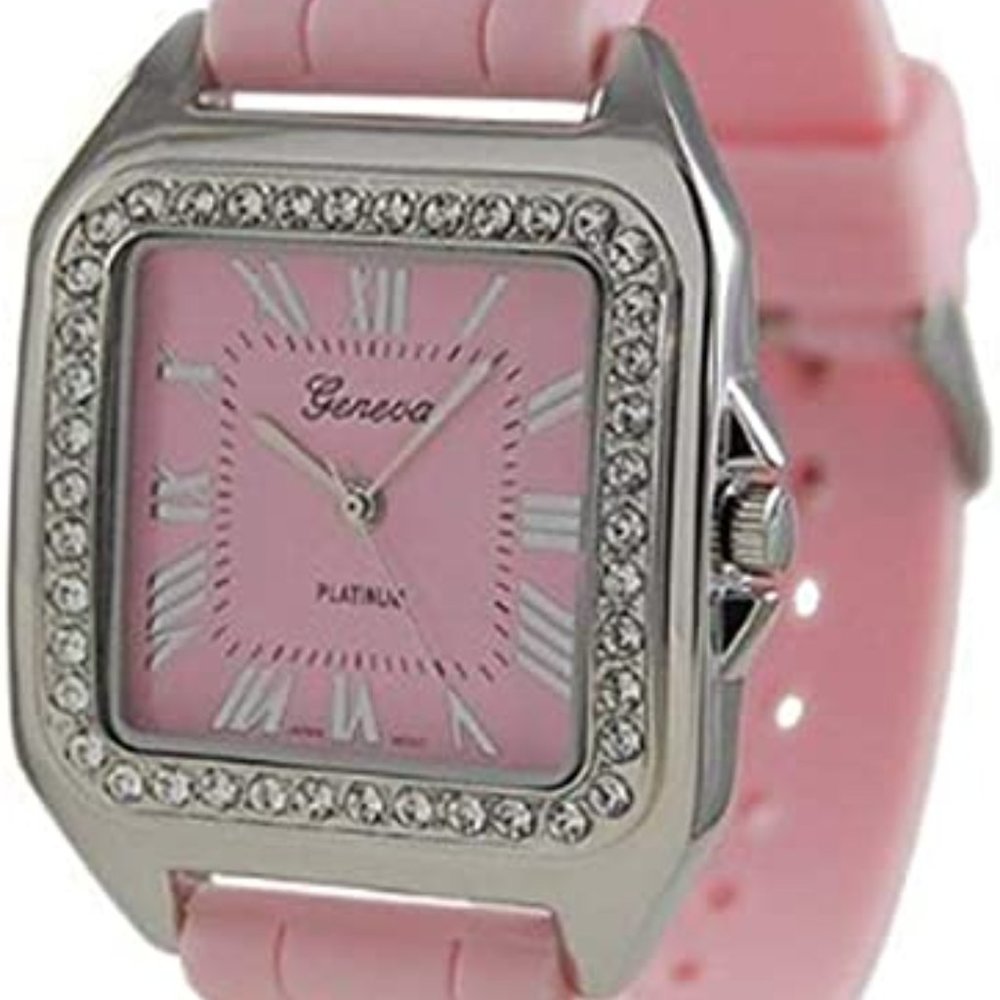 Geneva Platinum 6934 Square Silicone Rubber Strap Watch-PINK/SIL